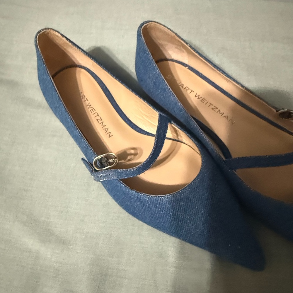Stuart Weitzman Emilia Denim Blue Pointed-Toe Mary Jane Flats - Picture 4 of 8